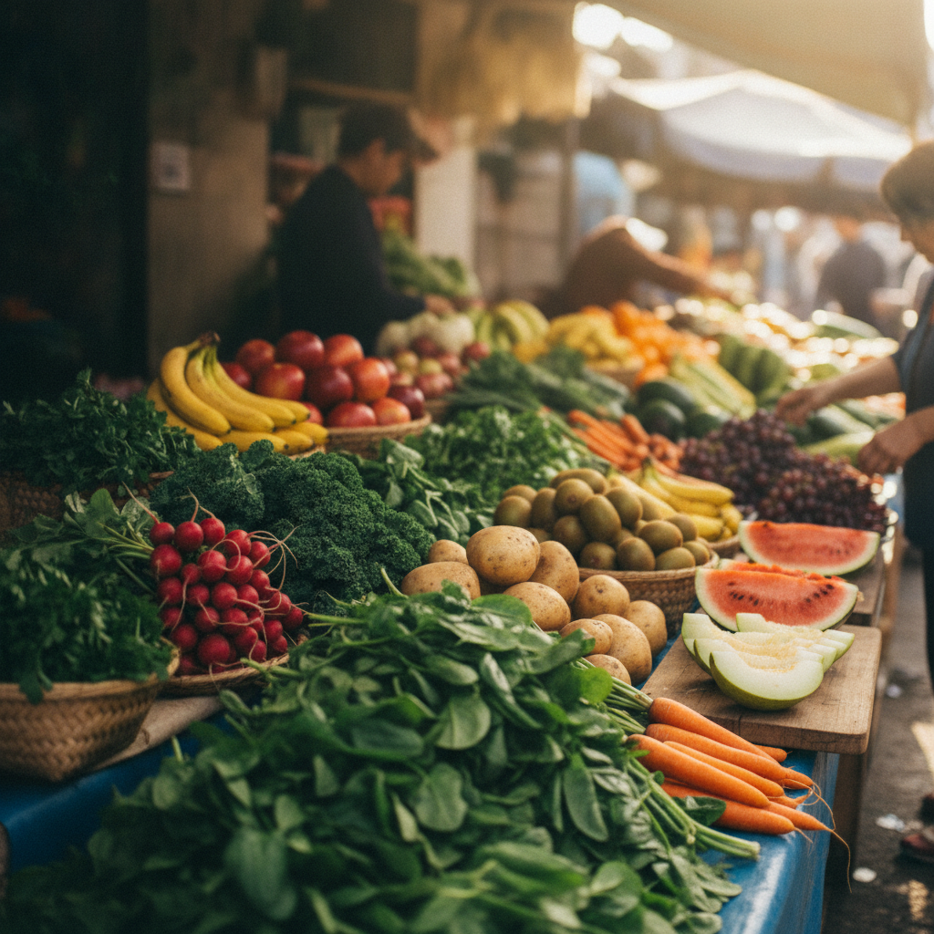 전통시장 점포와 진열된 농산물
